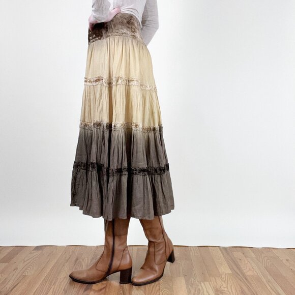 Vintage 90s Y2K Tiered Midi Skirt Gypsy Boho Cowgirl Western Bohemian Whimsigoth - Picture 4 of 11